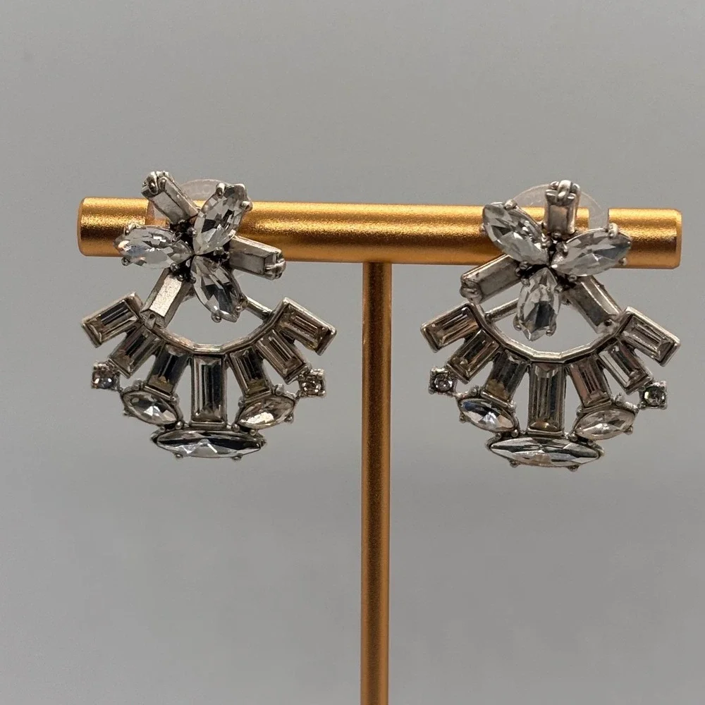 Stella Dot Earrings Fan Shape Crystal Statement Silver‎ Tone Studs Sparkle